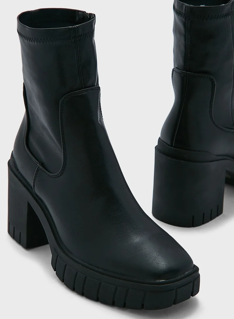 Truffle Black Stretch Pu Block Heel Boots