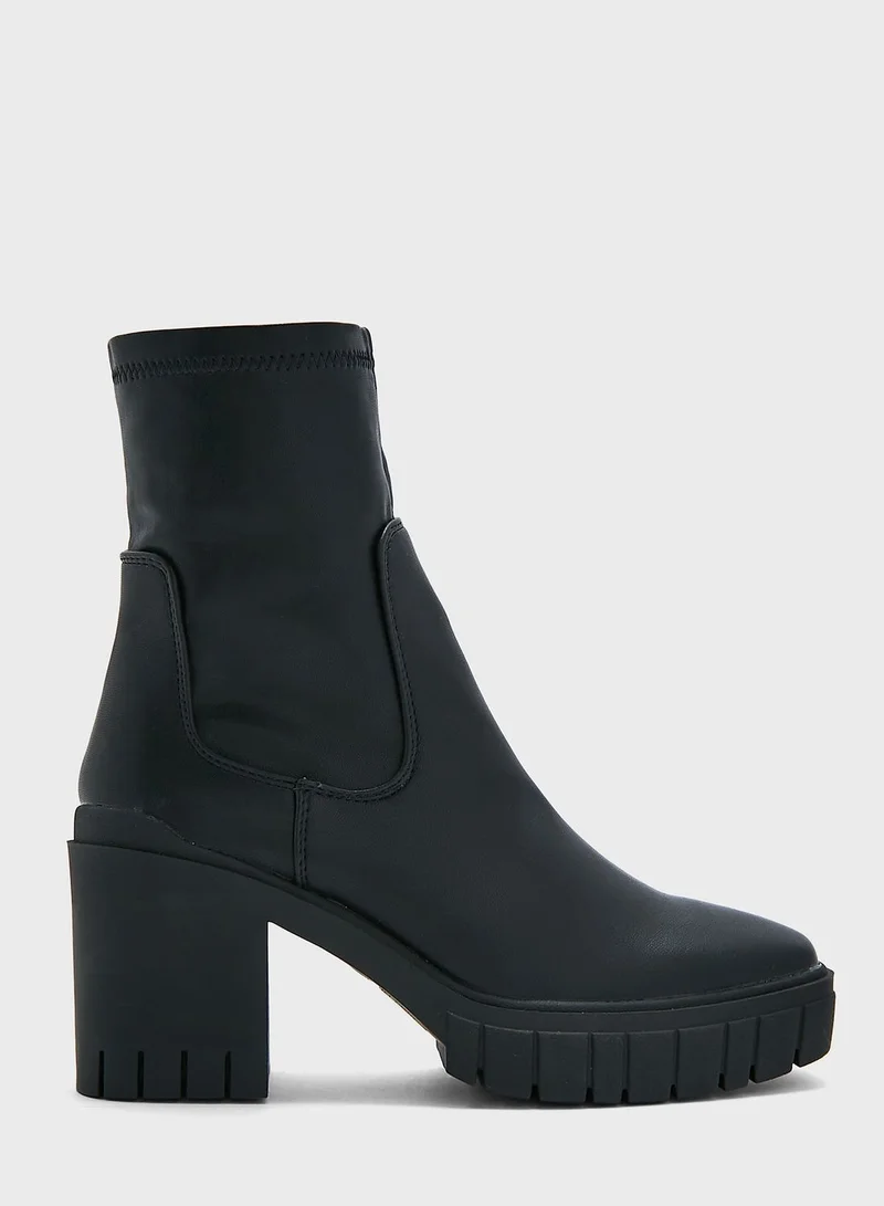 Truffle Black Stretch Pu Block Heel Boots