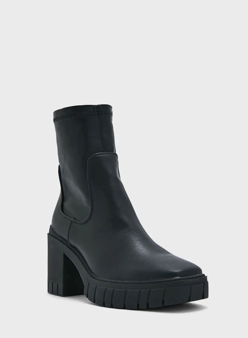 Truffle Black Stretch Pu Block Heel Boots
