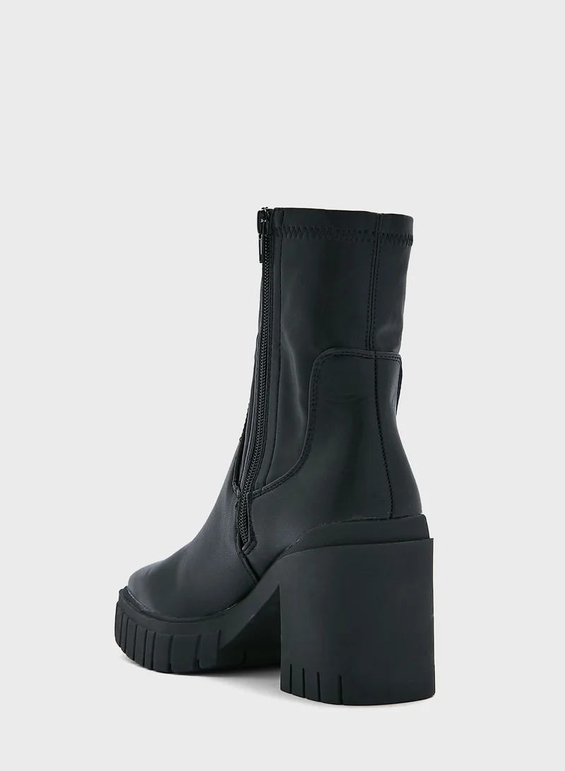 Truffle Black Stretch Pu Block Heel Boots