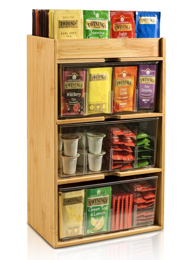 TIMIEEYA Tea Bag Organizer - Bamboo Tea Storage With Drawer 3 Layer, Organizer for Tea Bags Natural Wood & Acrylic for Countertop Office Kitchen Cabinet Pantry - Image 1