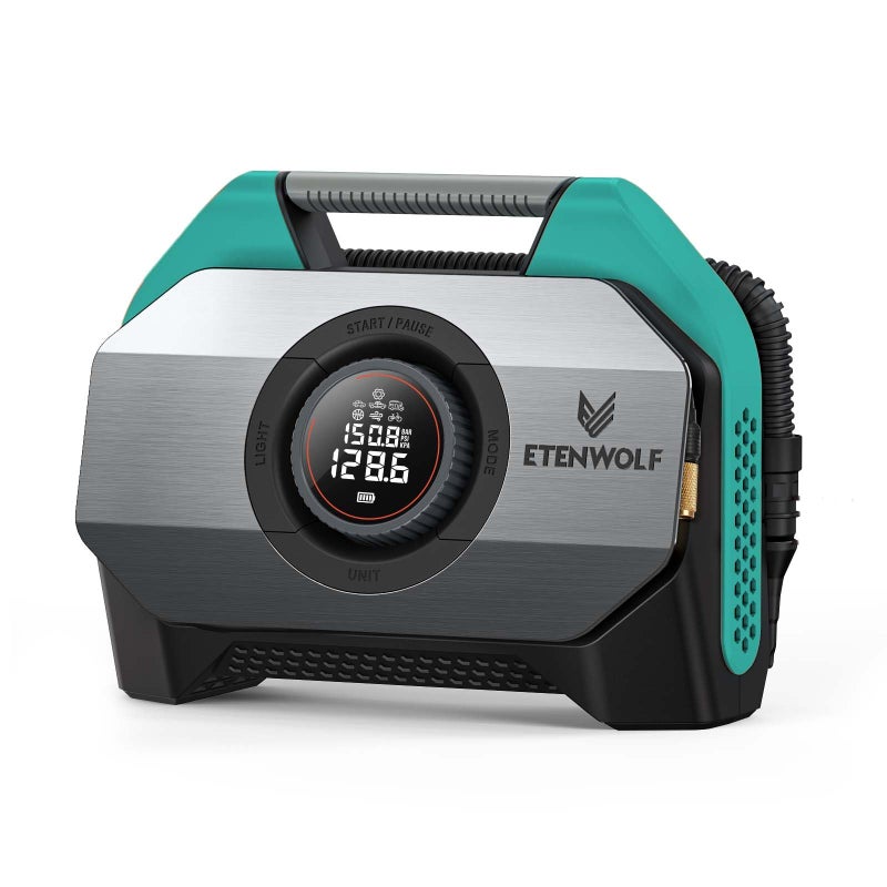 ETENWOLF VORTEX S6 Tire Inflator Portable Air Compressor for Heavyduty Vehicles Cordless Air Pump for Car Inflatables with 19200 mAh Battery 100 Duty Cycle Dual Cylinder Bike Pump Dark Cyan