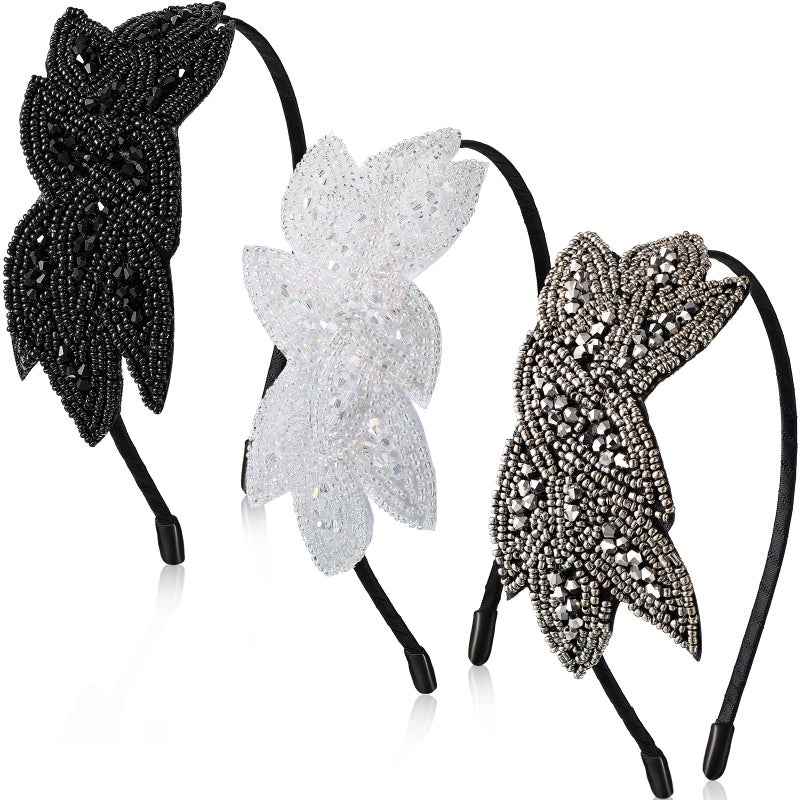 Jutom 3 Pcs 1920s Flapper Headbands for Women 20s Vintage Headpiece Rhinestone Gatsby 1920s Accessories Christmas Wedding Gifts(Silver, White, Black) - Image 1