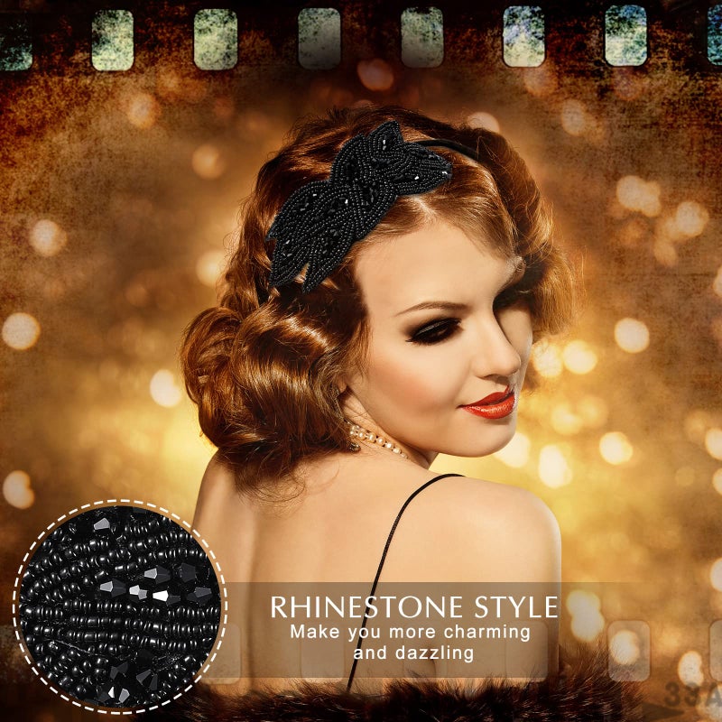 Jutom 3 Pcs 1920s Flapper Headbands for Women 20s Vintage Headpiece Rhinestone Gatsby 1920s Accessories Christmas Wedding Gifts(Silver, White, Black) - Image 3