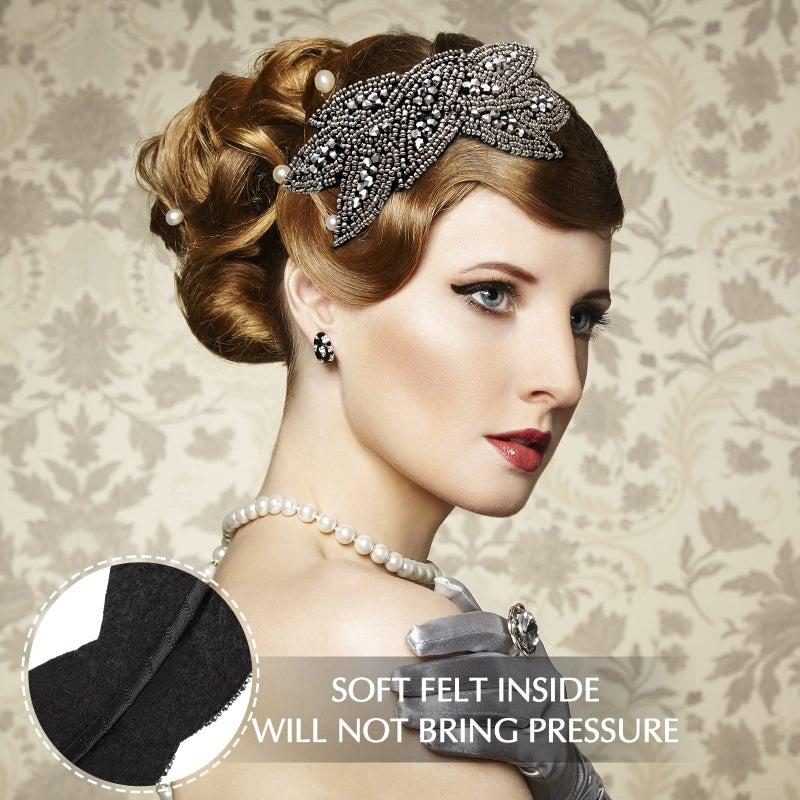 Jutom 3 Pcs 1920s Flapper Headbands for Women 20s Vintage Headpiece Rhinestone Gatsby 1920s Accessories Christmas Wedding Gifts(Silver, White, Black) - Image 4