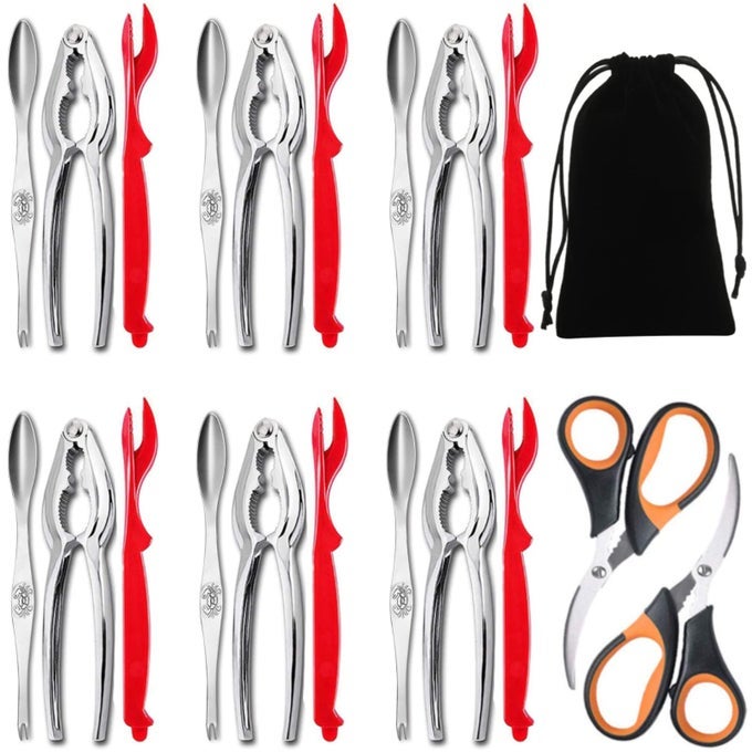 21 PIECE SEAFOOD TOOLS SET 6 CRAB CRACKERS 6 LOBSTER SHELLERS 6 WIDE CRAB FORKS 2 SEAFOOD SCISSORS AND 1 STORAGE BAG