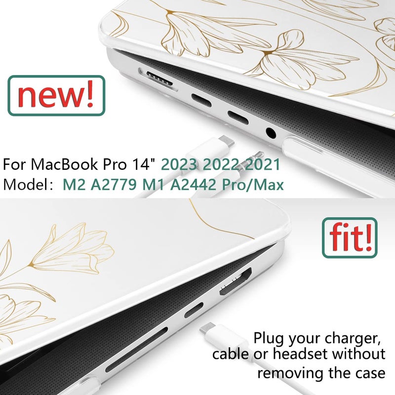 Twolskoo For Macbook Pro 14 Inch Case 2023 2022 2021 Release M3 A2918 A2992 A2779 M2 A2442 M1 Pro Max Chip Plastic Hard Shell & Keyboard Cover & Trackpad Film & Screen Protector Golden Floral - Image 2