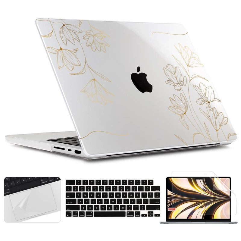 Twolskoo For Macbook Pro 14 Inch Case 2023 2022 2021 Release M3 A2918 A2992 A2779 M2 A2442 M1 Pro Max Chip Plastic Hard Shell & Keyboard Cover & Trackpad Film & Screen Protector Golden Floral - Image 1