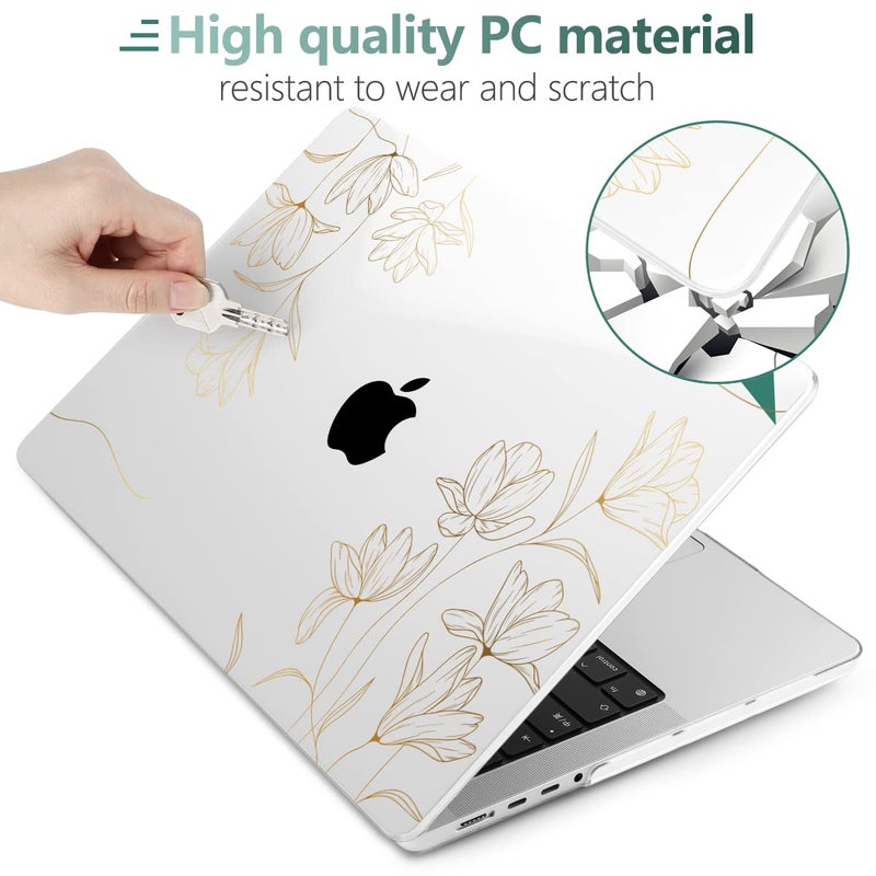 Twolskoo For Macbook Pro 14 Inch Case 2023 2022 2021 Release M3 A2918 A2992 A2779 M2 A2442 M1 Pro Max Chip Plastic Hard Shell & Keyboard Cover & Trackpad Film & Screen Protector Golden Floral - Image 3