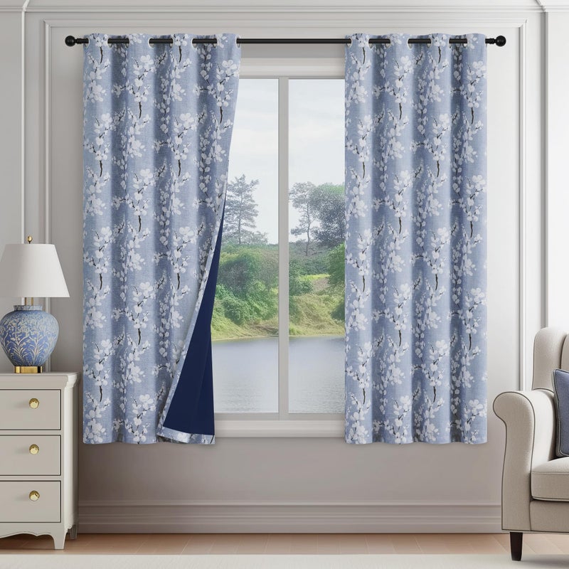 FMFUNCTEX 100% Blackout Floral Curtains for Bedroom, Blue Curtains 54 inch Length Blossom Flower Patterned for Living Room, Thermal Insulated Farmhouse Drapes, Grommet Top 2 Panels (White on Blue) - Image 1