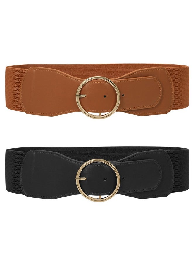 Werforu - 2 Pack Women Elastic Stretchy Wide Belt For Dress Ladies Stretch Thick Waist Belt With Gold O Ring Buckle Black+Brownfit Waist Size 3438 Inches - Image 1