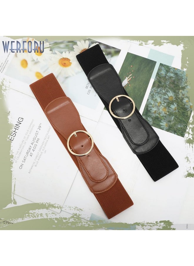 Werforu - 2 Pack Women Elastic Stretchy Wide Belt For Dress Ladies Stretch Thick Waist Belt With Gold O Ring Buckle Black+Brownfit Waist Size 3438 Inches - Image 1