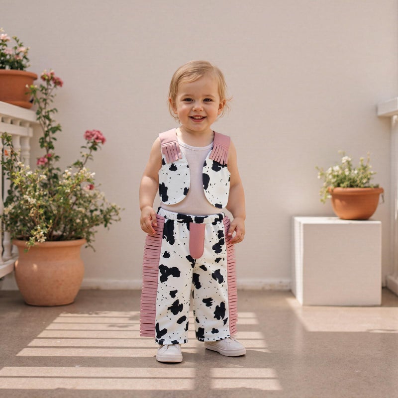Rourufy Toddler Baby Girl Western Outfit Kids Cowgirl Cow Print Top Vest Tassel Pants 2pcs Set Girls Spring Fall Clothes (A Cow Print Pink, 6-12 Months) - Image 2