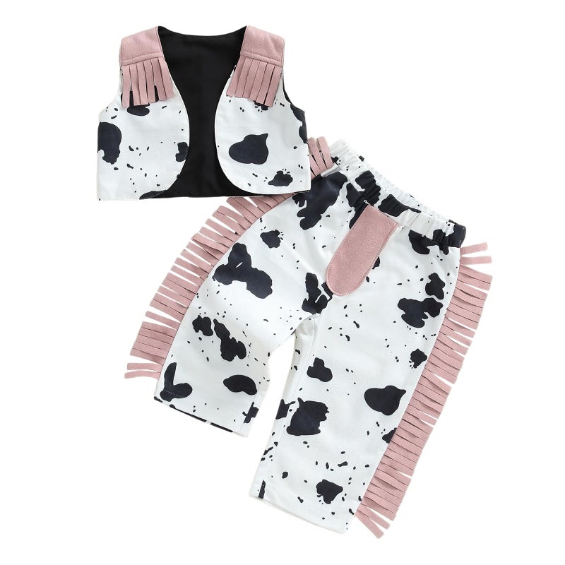 Rourufy Toddler Baby Girl Western Outfit Kids Cowgirl Cow Print Top Vest Tassel Pants 2pcs Set Girls Spring Fall Clothes (A Cow Print Pink, 6-12 Months) - Image 1