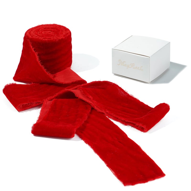 MAYREEL 2 Inch Red Velvet Ribbon Hand Torn Crimson Silk Frayed Edge for Christmas Gift Wrapping Bridal Bouquets Invitations Wedding Vow Books Gift Baskets 3 Yards