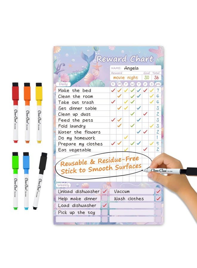 Clever Clean Dry Erase Chores Chart for Kids, Reusable Reward Chart Chart, Non-Magnetic Kids Chore Board Clings to Any Smooth Surfaces, 6 Whiteboard Markers Included (Mermaid)… - Image 1