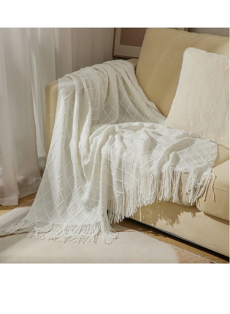 Loquat Tassel Design Knitted Soft Throw Blanket Keep Warm White  - Image 1