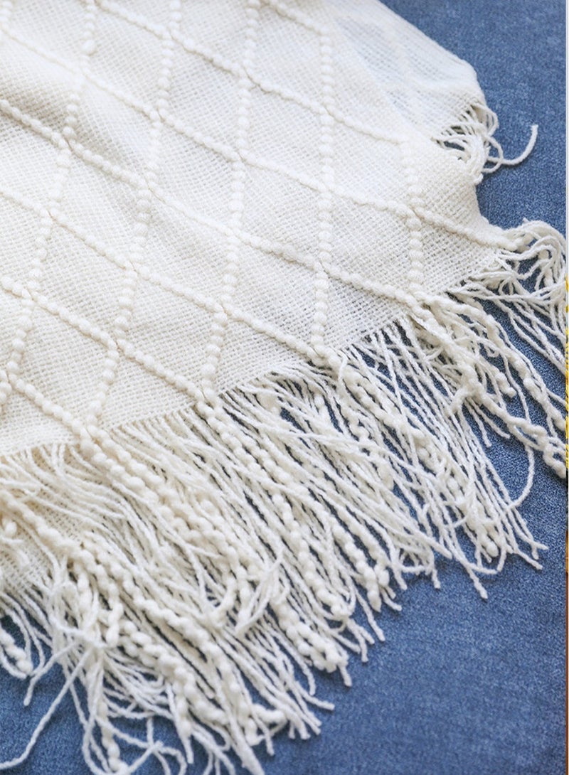 Loquat Tassel Design Knitted Soft Throw Blanket Keep Warm White  - Image 2