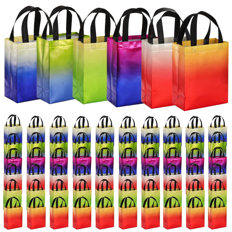 Frcctre 60 Pack 10 x 8 Inch Glossy Reusable Grocery Bags, Non Woven Tote Shopping Bag with Handles Gift Bag Party Favor Bags Goodie Bags for Wedding Birthday Bridal Shower Party, 6 Gradient Colors - Image 1