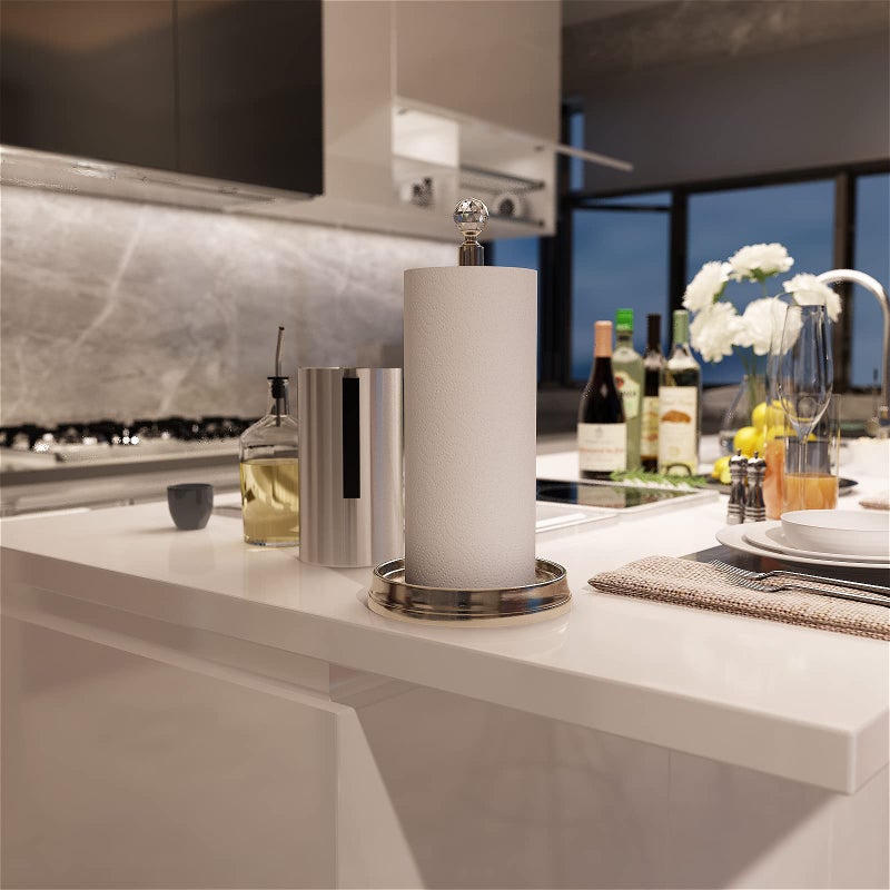 KASUNTO Paper Towel Holder with Crystal Ball - Steel Countertop Stand, Fits Standard & Jumbo Rolls, Brushed Nickel - Image 5