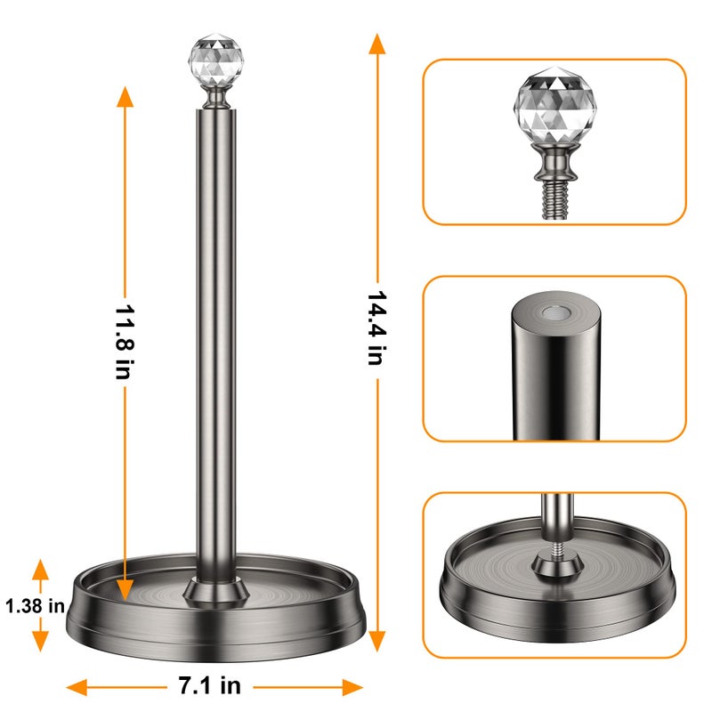KASUNTO Paper Towel Holder with Crystal Ball - Steel Countertop Stand, Fits Standard & Jumbo Rolls, Brushed Nickel - Image 2