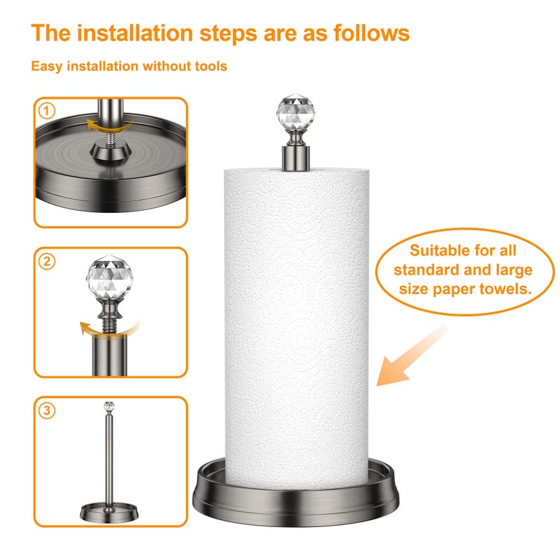 KASUNTO Paper Towel Holder with Crystal Ball - Steel Countertop Stand, Fits Standard & Jumbo Rolls, Brushed Nickel - Image 4