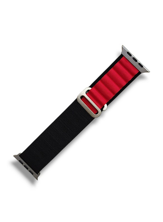 سوار قماشي منسوج متوافق مع الساعات الذكية - مقاس 49/45/44/42 مم - مشبك معدني قابل للتعديل - لون أسود × أحمر
