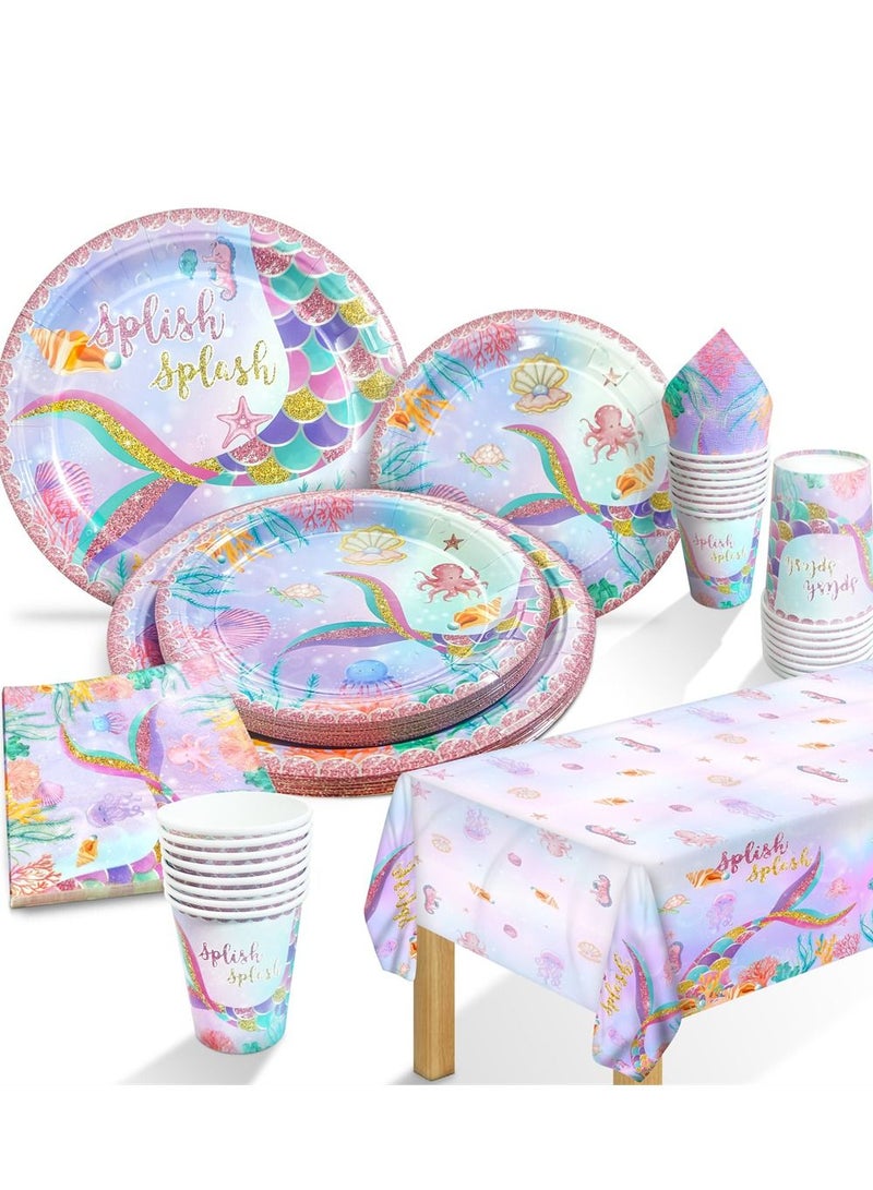 SYOSI Mermaid Decorations Celebration Set, Service for 20 People Mermaid Birthday Decor Supplies Tableware for Girls Mermaid Party Supplies with Plates, Dessert Plates, Cups, Napkins, Tablecloth  - Image 1