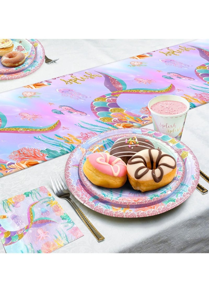 SYOSI Mermaid Decorations Celebration Set, Service for 20 People Mermaid Birthday Decor Supplies Tableware for Girls Mermaid Party Supplies with Plates, Dessert Plates, Cups, Napkins, Tablecloth  - Image 5