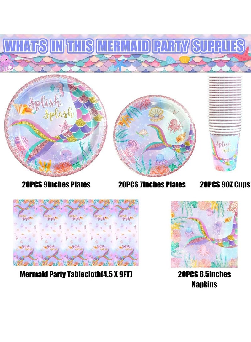 SYOSI Mermaid Decorations Celebration Set, Service for 20 People Mermaid Birthday Decor Supplies Tableware for Girls Mermaid Party Supplies with Plates, Dessert Plates, Cups, Napkins, Tablecloth  - Image 2
