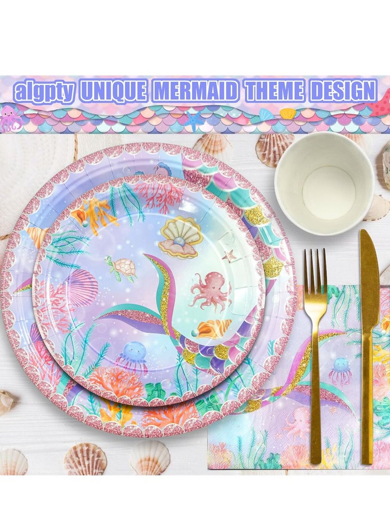 SYOSI Mermaid Decorations Celebration Set, Service for 20 People Mermaid Birthday Decor Supplies Tableware for Girls Mermaid Party Supplies with Plates, Dessert Plates, Cups, Napkins, Tablecloth  - Image 4