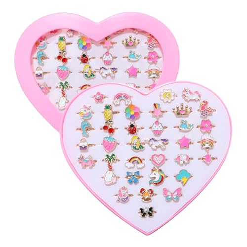 PASEMM 36pcs Little Girl Jewel Rings, Adjustable Unicorn Rings Toys, No Duplication Kids Play Ring in Box,Dress Up for 4-12 Year Old Girls, Birthday Christmas Valentine's Day Holiday Gifts - Image 1