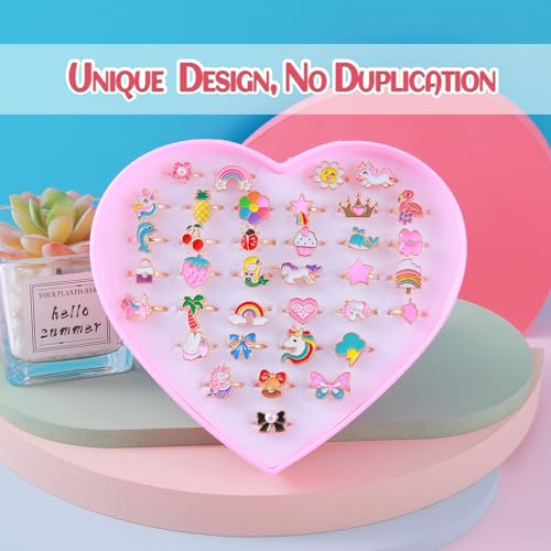 PASEMM 36pcs Little Girl Jewel Rings, Adjustable Unicorn Rings Toys, No Duplication Kids Play Ring in Box,Dress Up for 4-12 Year Old Girls, Birthday Christmas Valentine's Day Holiday Gifts - Image 2