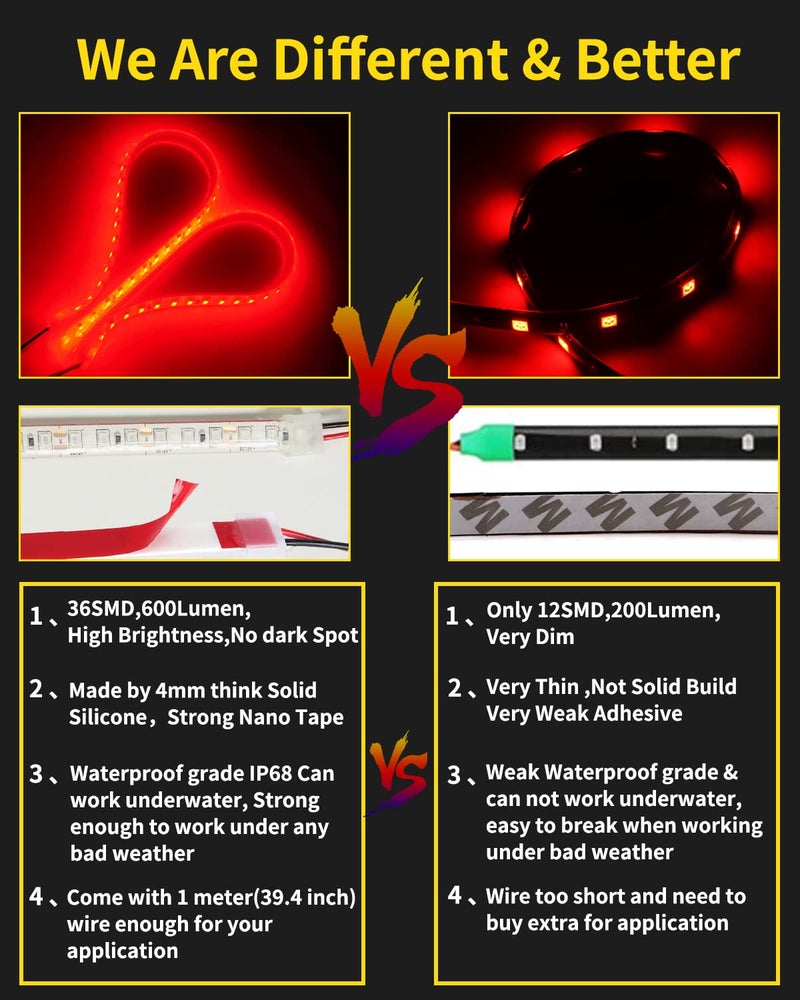 YM EBright YM E-Bright LED Strip Light 30CM Waterproof for Car Motorcycles Decoration Vehicle Interior Exterior DRL Daytime Running Flexible DC12V,Red(Pack of 4) - Image 2