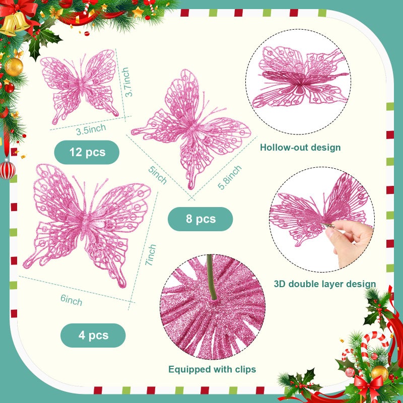 جوتوم Jutom 24 PCS Decords Christmas Tree Butterfly Decorations 3 أحجام 3D Glitter Hollow Butterfly Holling Decoring Butterfly Wall Decor - Image 2
