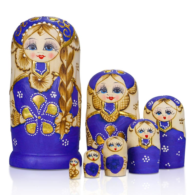 Starxing Russian Nesting Dolls Matryoshka Wood Stacking Nested Set 7 Pieces Handmade Toys for Children Kids Christmas Halloween Easter Mothers Day Birthday Home Room Decoration Gift Blue - Image 3