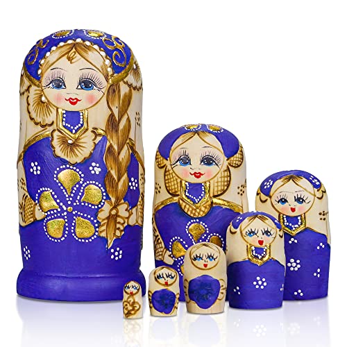 Starxing Russian Nesting Dolls Matryoshka Wood Stacking Nested Set 7 Pieces Handmade Toys for Children Kids Christmas Halloween Easter Mothers Day Birthday Home Room Decoration Gift Blue - Image 1