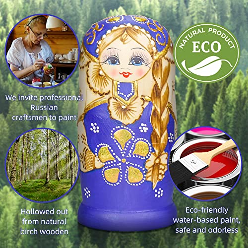 Starxing Russian Nesting Dolls Matryoshka Wood Stacking Nested Set 7 Pieces Handmade Toys for Children Kids Christmas Halloween Easter Mothers Day Birthday Home Room Decoration Gift Blue - Image 5