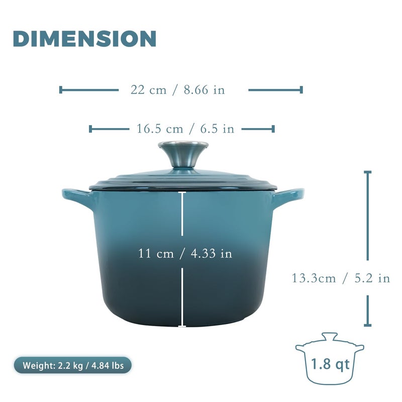 Flavehc Dutch Oven Pot with Lid 1.8 qt Cast Iron Dutch Oven for Bread Baking Slateblue Enameled Cast Iron Rice Pot with Handels - Image 4
