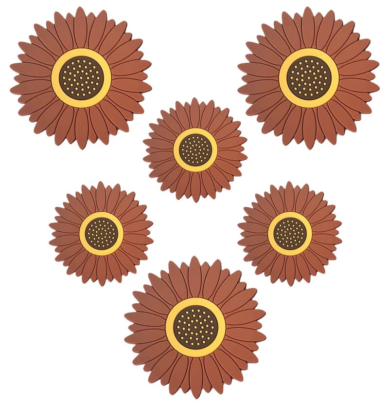 P-Plus International Silicone Trivet Sunflower Hot Pot Holder Anti-Slip Cup Coasters Bowl Tableware Mat Heat Resistant Pans Pads Silicone Trivet Mat (Big+Medium, Brown, Set of 6) - Image 1