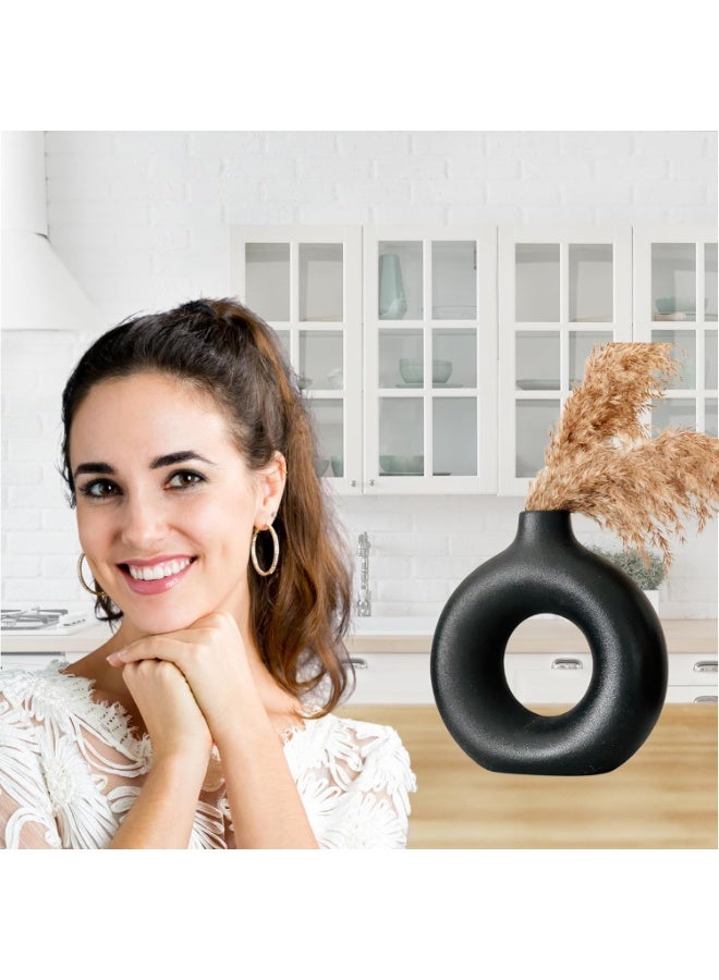 LATIFA Ceramic Round Donut Vase, Black 7.5" Tall, Modern Home Decor for Pampas Grass - Image 3