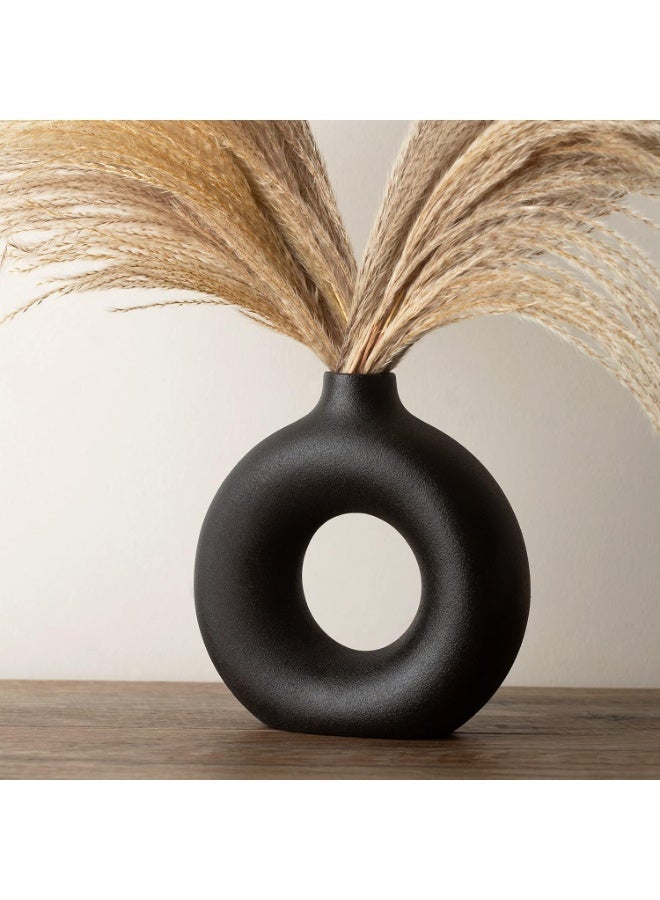 LATIFA Ceramic Round Donut Vase, Black 7.5" Tall, Modern Home Decor for Pampas Grass - Image 1