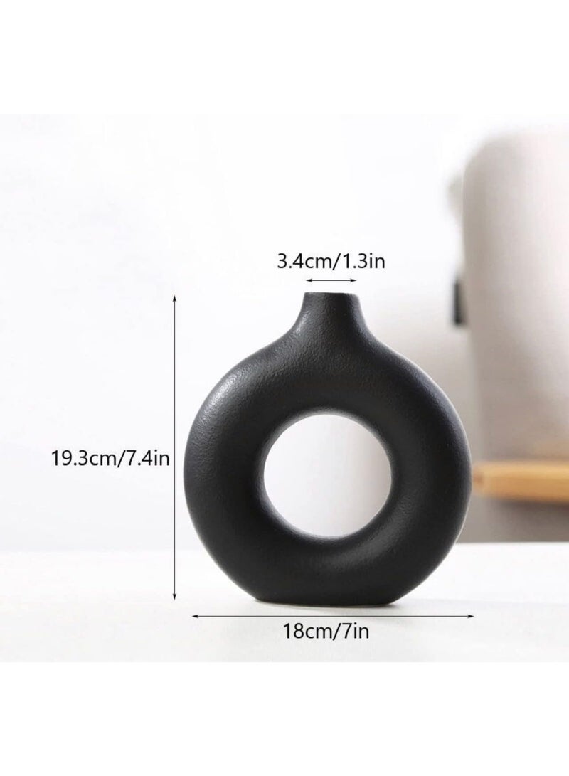 LATIFA Ceramic Round Donut Vase, Black 7.5" Tall, Modern Home Decor for Pampas Grass - Image 2