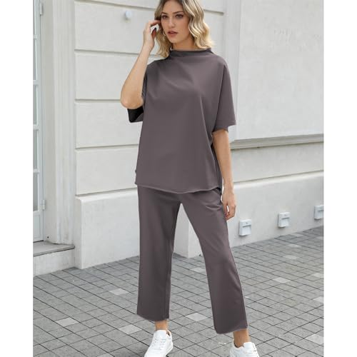SeeLuNa Women's Two Piece Outfits 3/4 Batwing Sleeve Capelet Crew Neck Pullover Top Wide Leg Pants Lounge Set(Dark Gray,XL) - Image 5
