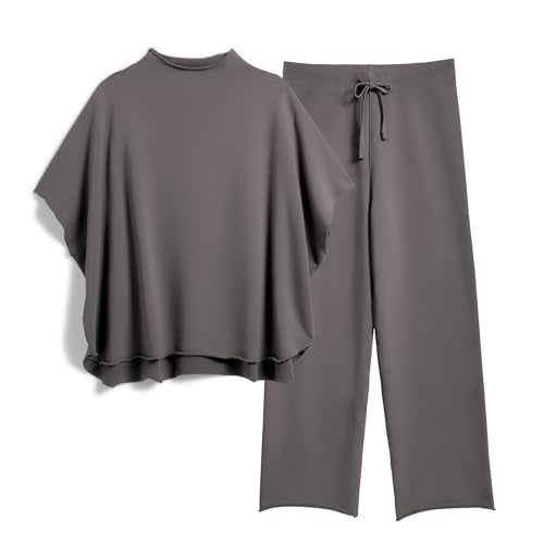 SeeLuNa Women's Two Piece Outfits 3/4 Batwing Sleeve Capelet Crew Neck Pullover Top Wide Leg Pants Lounge Set(Dark Gray,XL) - Image 1