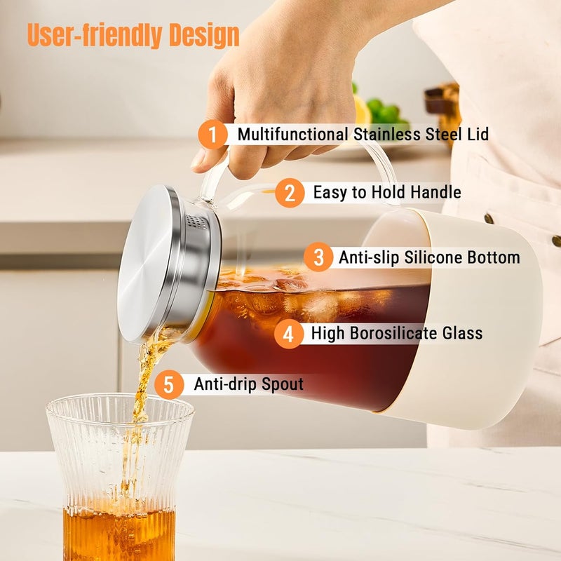 PARACITY Water Jug Water Pitcher with Silicone Base 61oz/ 1.8L, Hot& Cold Glass Pitcher with Lid and Handle, Glass Carafe with Lid for Coffee, Juice, Lemonade and Milk (Off-white base) - Image 5