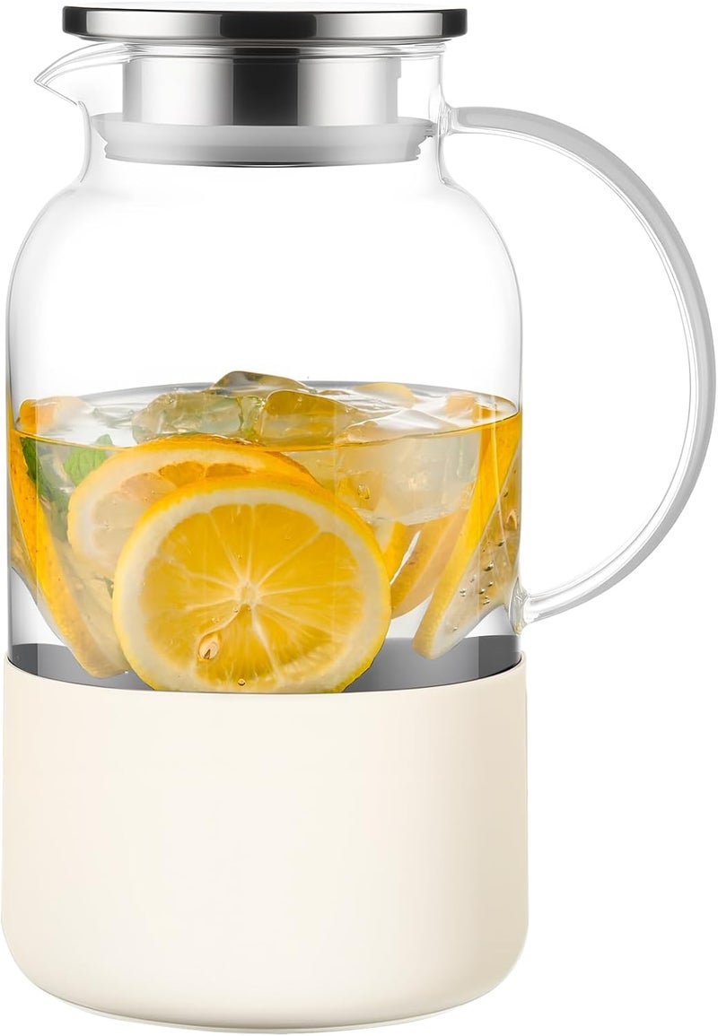 PARACITY Water Jug Water Pitcher with Silicone Base 61oz/ 1.8L, Hot& Cold Glass Pitcher with Lid and Handle, Glass Carafe with Lid for Coffee, Juice, Lemonade and Milk (Off-white base) - Image 1