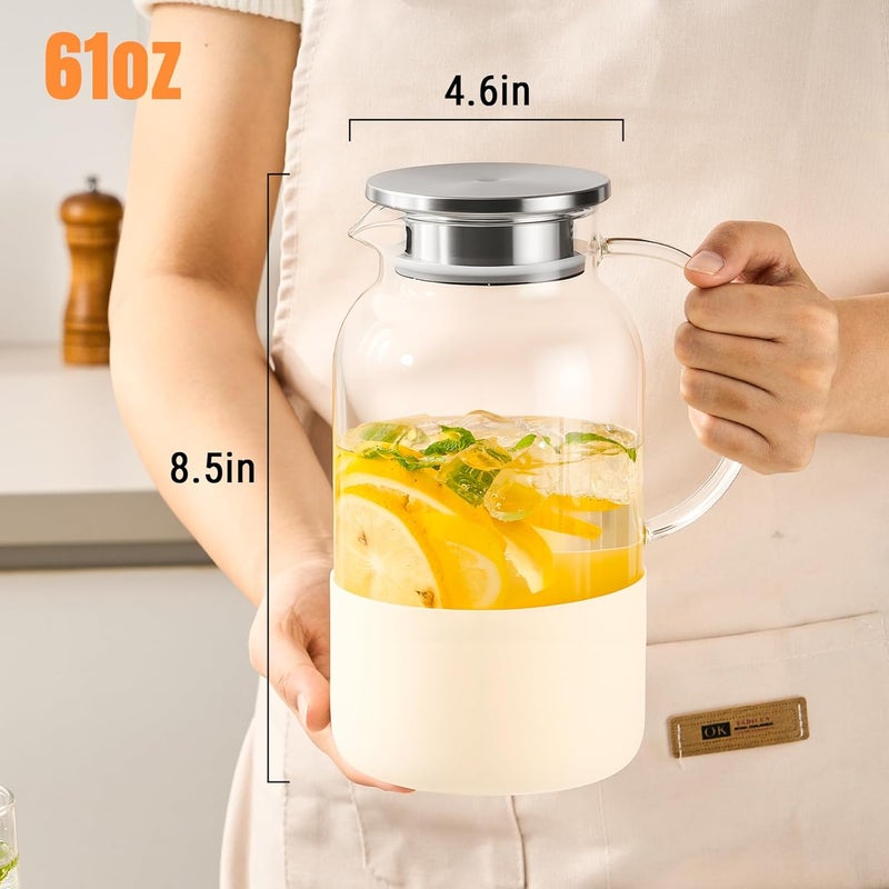 PARACITY Water Jug Water Pitcher with Silicone Base 61oz/ 1.8L, Hot& Cold Glass Pitcher with Lid and Handle, Glass Carafe with Lid for Coffee, Juice, Lemonade and Milk (Off-white base) - Image 2