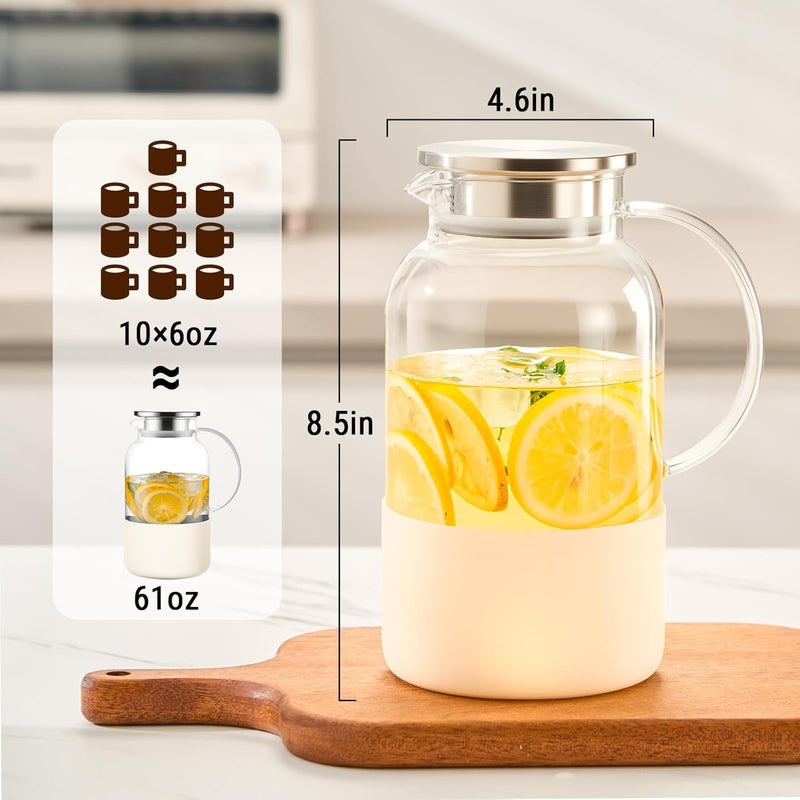 PARACITY Water Jug Water Pitcher with Silicone Base 61oz/ 1.8L, Hot& Cold Glass Pitcher with Lid and Handle, Glass Carafe with Lid for Coffee, Juice, Lemonade and Milk (Off-white base) - Image 3