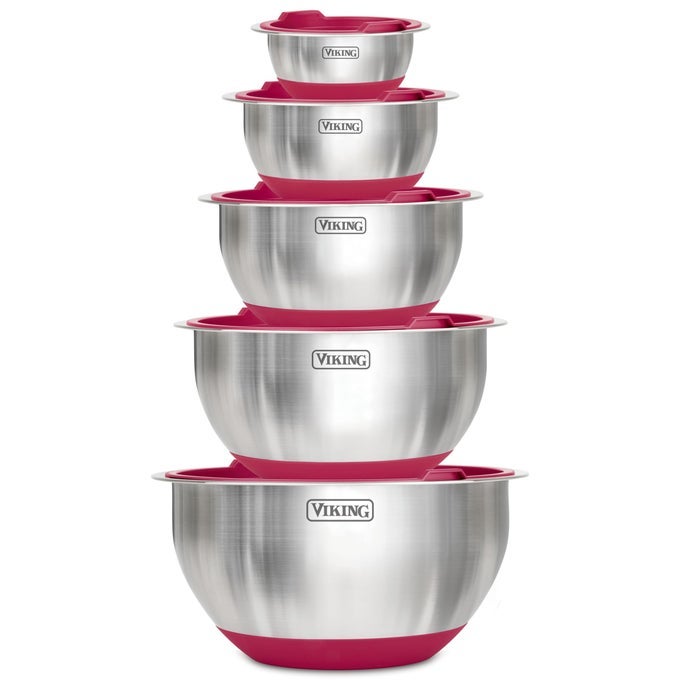 MIXING BOWLS SET 10 PIECE STAINLESS STEEL KITCHEN COOKWARE NONSLIP SILICONE BASE INCLUDES AIRTIGHT LIDS DISHWASHER SAFE RED